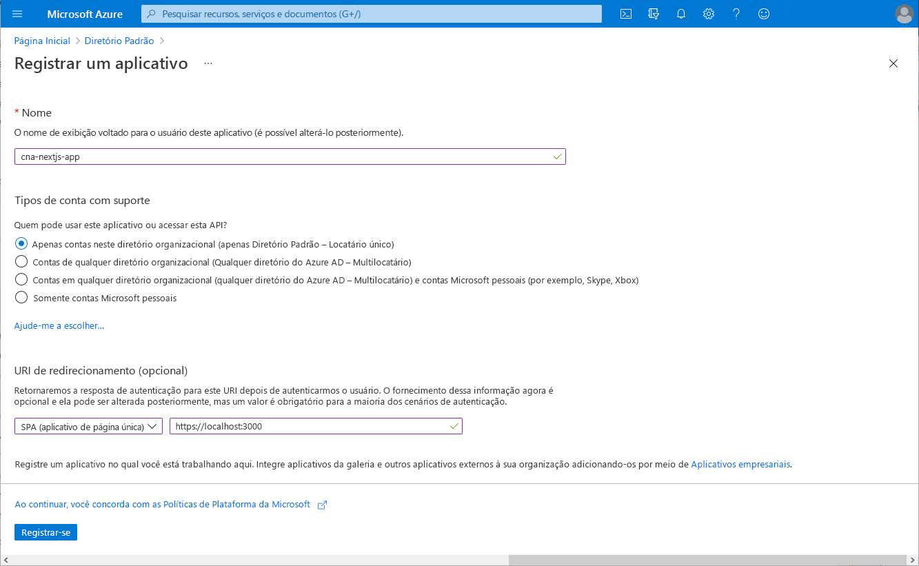 Captura de tela do painel Registrar um aplicativo no portal do Azure.