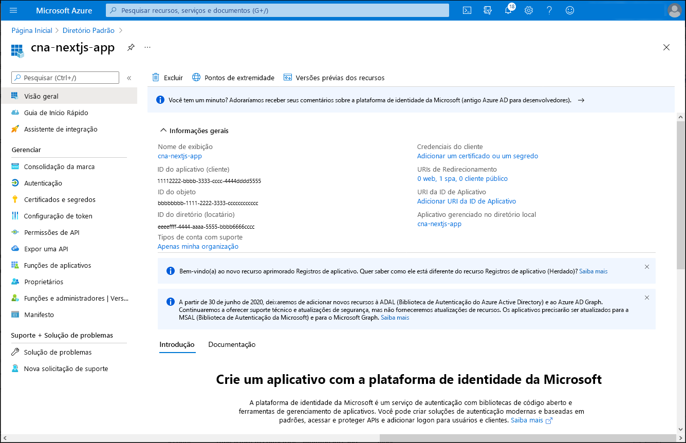 Captura de tela do painel cna-nextjs-app no portal do Azure.