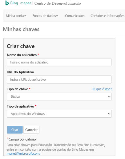 Captura de tela do portal do Centro de Desenvolvimento do Bing Mapas com a página 