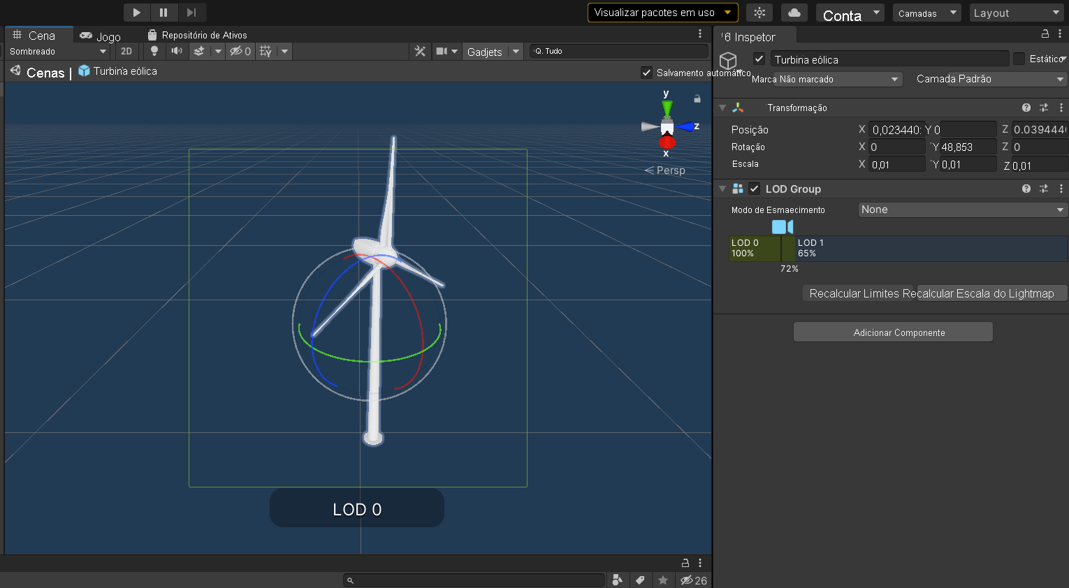 Captura de tela da janela Cena do Unity com o pré-fabricado de turbina eólica em exibição.