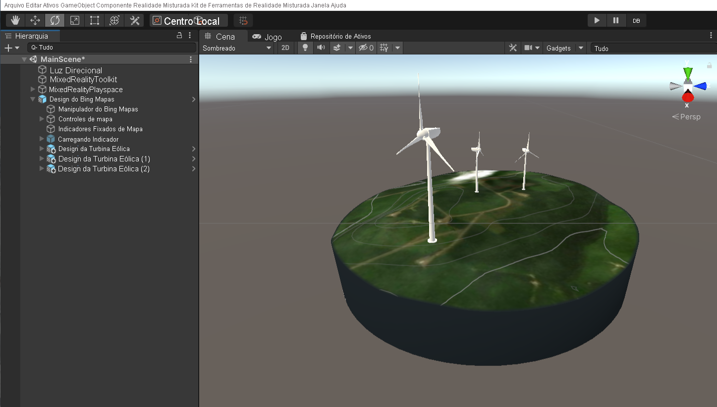 Captura de tela da janela Hierarquia do Unity com a cena principal selecionada e vários pré-fabricados da turbina colocados no terreno dinâmico.