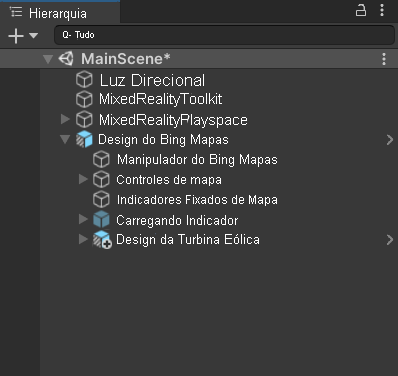 Captura de tela da janela Hierarquia do Unity com a cena principal selecionada e o objeto filho de design do Bing Mapas expandido.