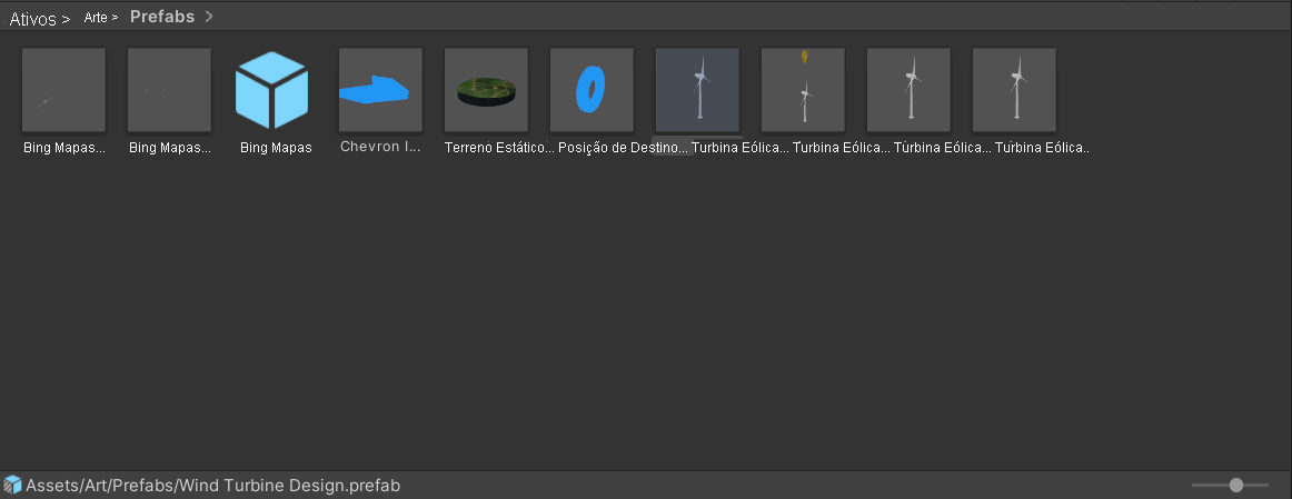 Captura de tela do painel do projeto do Unity com a subpasta de pré-fabricados selecionada.