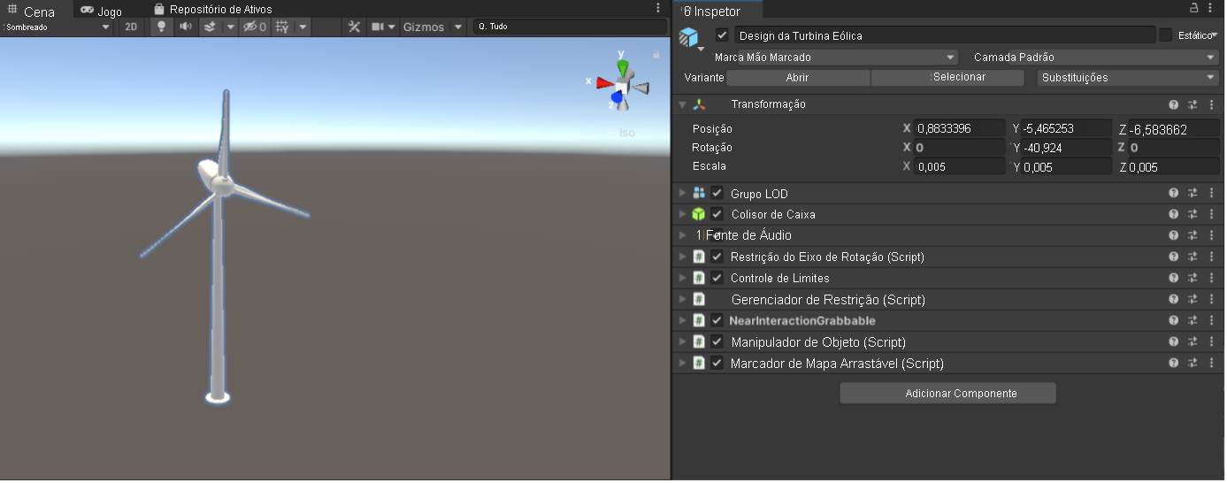 Captura de tela da janela Cena do Unity com o pré-fabricado de turbina eólica em exibição e o pré-fabricado de turbina eólica selecionado no inspetor.