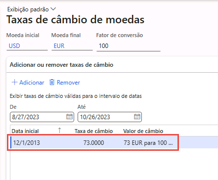 Captura de tela da página Taxas de câmbio de moedas para este exemplo.