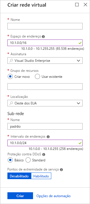 Screenshot of the Azure portal showing an example of the Create virtual network pane fields.