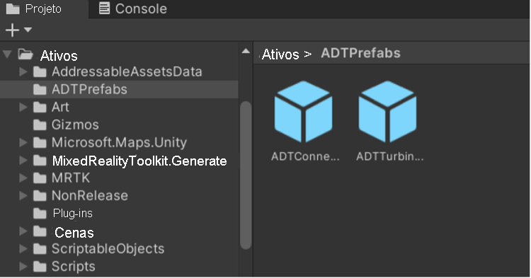 Captura de tela dos objetos pré-fabricado do ADT no painel de projeto do Unity.