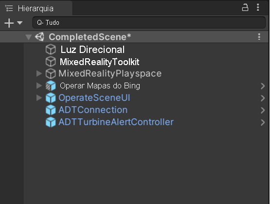 Captura de tela dos objetos pré-fabricado do ADT adicionados ao painel de hierarquia do Unity.