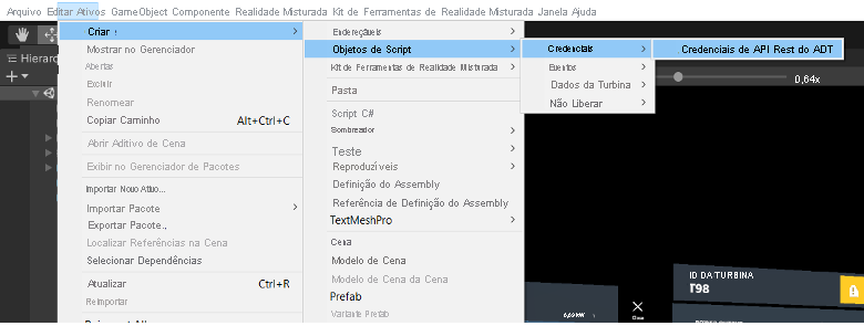 Captura de tela do menu Ativos do Unity aberto mostrando a seleção de menu Criar > ScriptableObjects > Credenciais > Credenciais da API REST ADT.