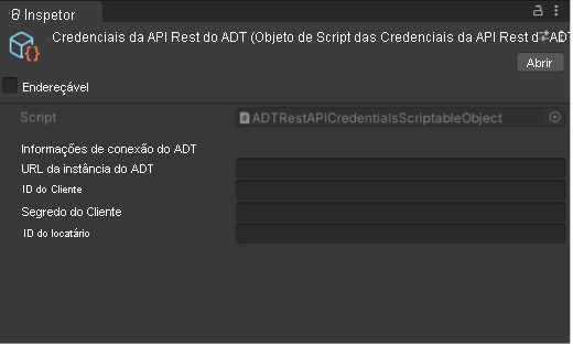 Captura de tela das Credenciais da API Rest do ADT no Inspetor.