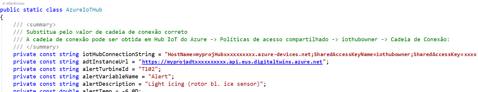 Captura de tela da solução Simulador de Dispositivo com o arquivo Hub IoT do Azure cs aberto e valores de nome do host e URL da instância adicionados.