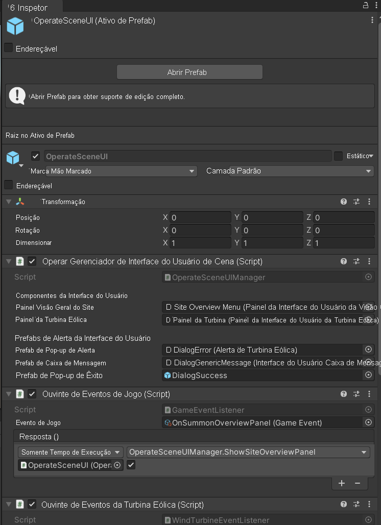 Captura de tela do editor do Unity com o pré-fabricado da interface do usuário da cena de operação em execução na cena principal, com o pré-fabricado da interface do usuário posicionado para longe do terreno.