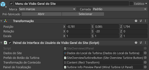 Captura de tela do editor do Unity com o pré-fabricado da interface do usuário da cena de operação na cena principal com o pré-fabricado da interface do usuário mais próximo do terreno.