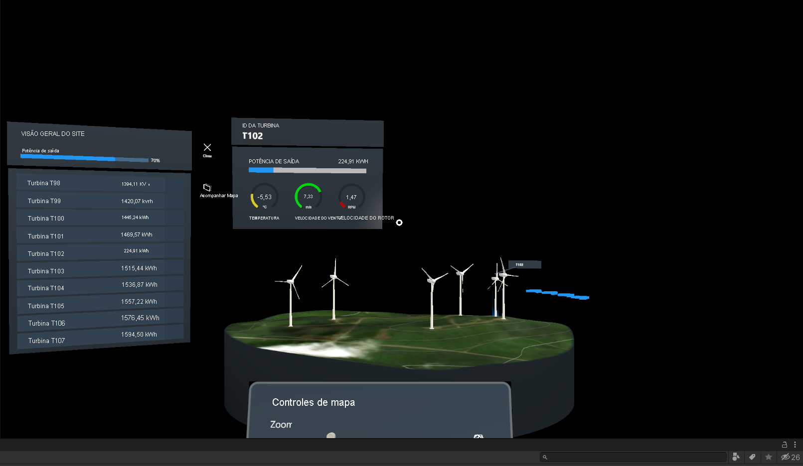 Captura de tela do editor do Unity no modo de execução com o simulador de dispositivo em execução e dados de turbina atualizados.