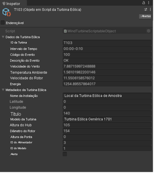 Captura de tela do Inspetor do Unity com um pré-fabricado de turbina selecionado.