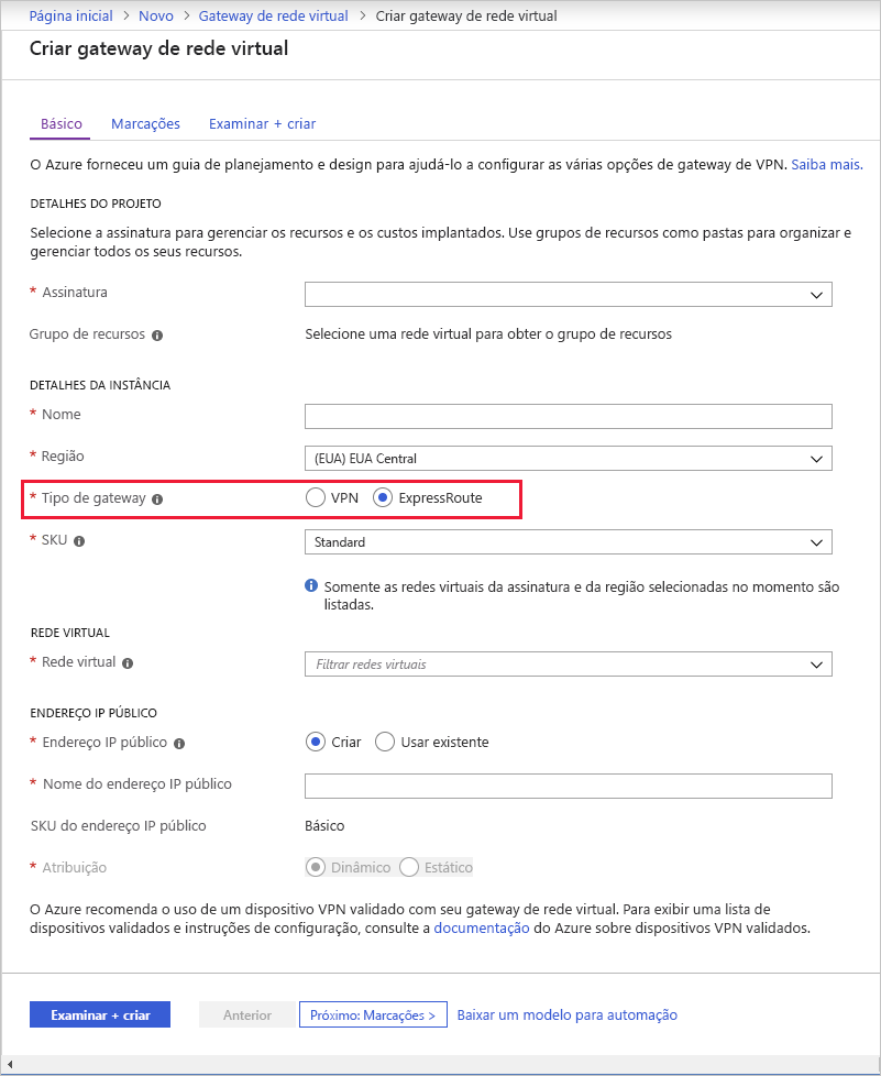 Screenshot of creating a virtual network gateway with the gateway type set to ExpressRoute.