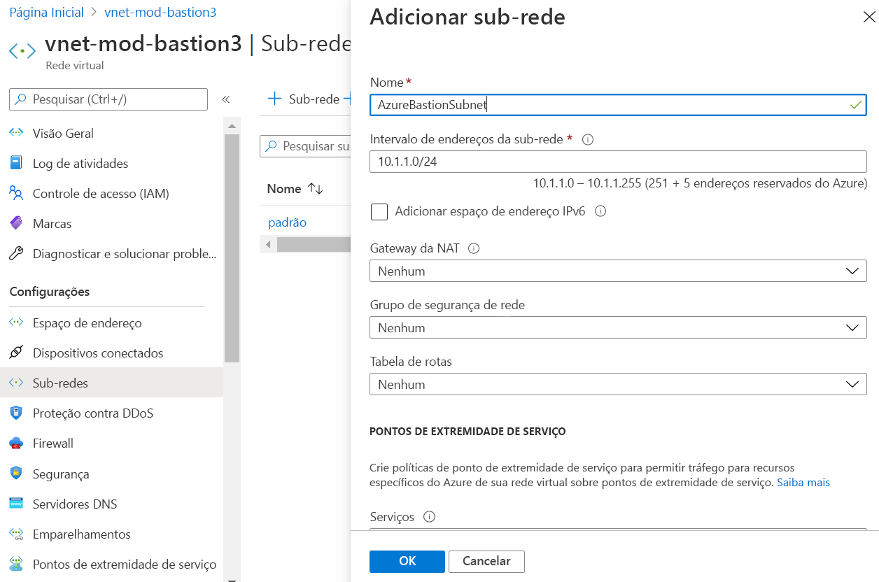 Captura de tela da página para adicionar uma sub-rede, com o nome AzureBastionSubnet.