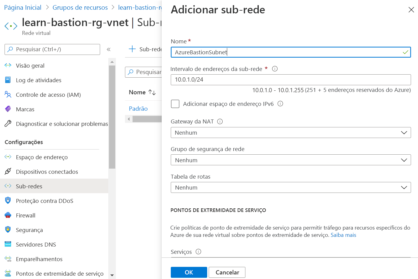 Captura de tela da página Adicionar sub-rede, com o nome AzureBastionSubnet.