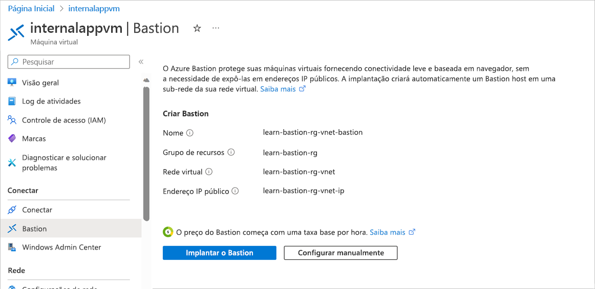 Captura de tela da página Conectar e da guia Bastion, com o botão Criar Azure Bastion usando os padrões.