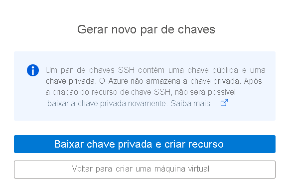 Captura de tela da janela Gerar novo par de chaves, com o botão de download da chave privada destacado.