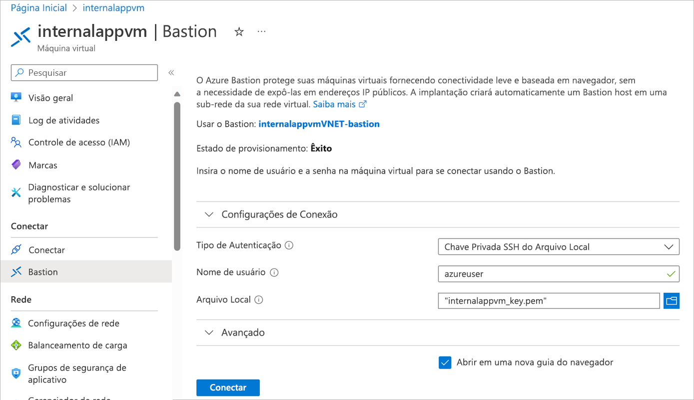 Captura de tela da página de conexão do Azure Bastion com os campos de nome de usuário e arquivo local preenchidos.