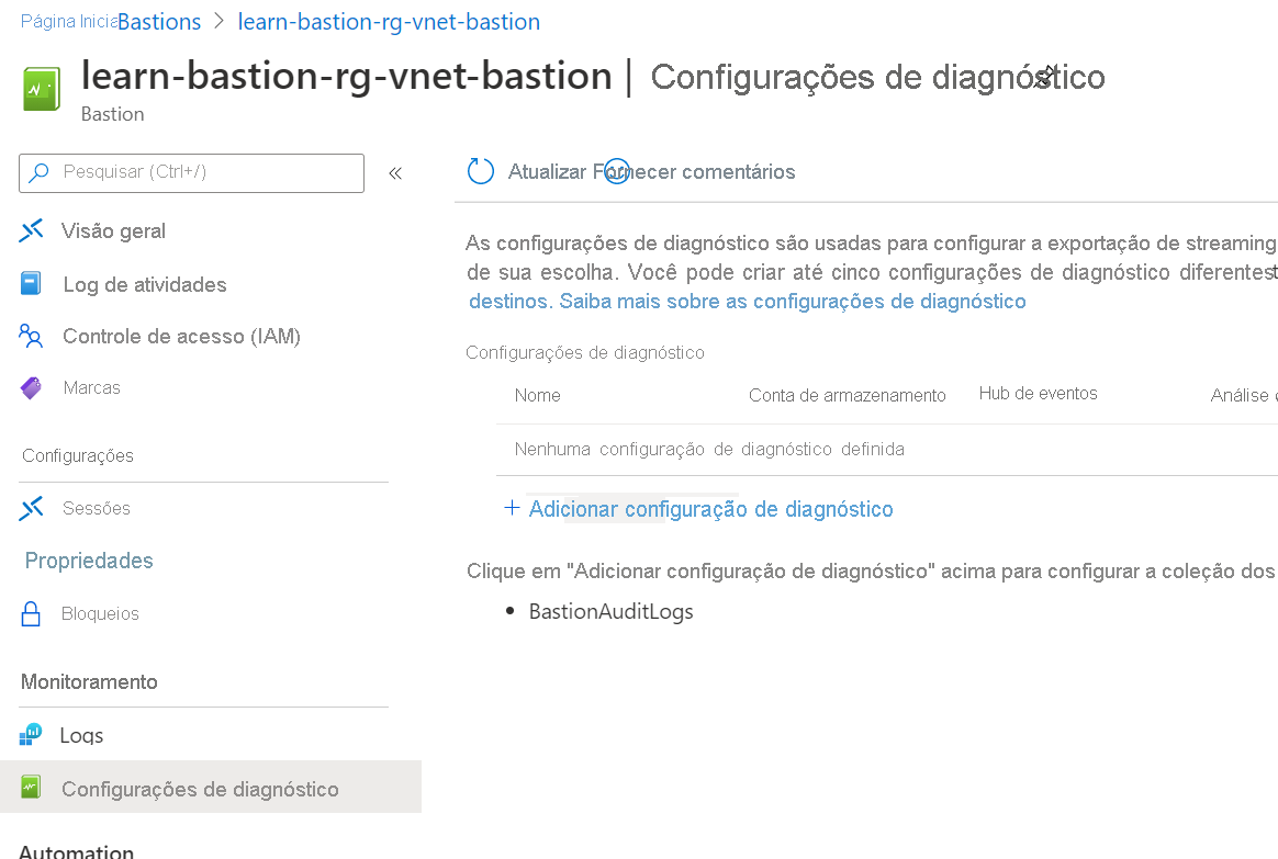 Captura de tela mostrando o link Adicionar configuração de diagnóstico na página Configurações de diagnóstico.