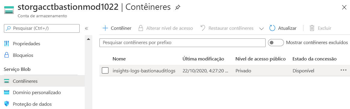 Captura de tela de uma conta de armazenamento com um contêiner denominado insights-logs-bastionauditlogs.