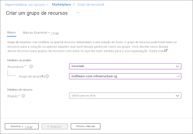 Captura de tela do portal do Azure mostrando a criação do grupo de recursos com a assinatura, o grupo de recursos e a região inseridas.