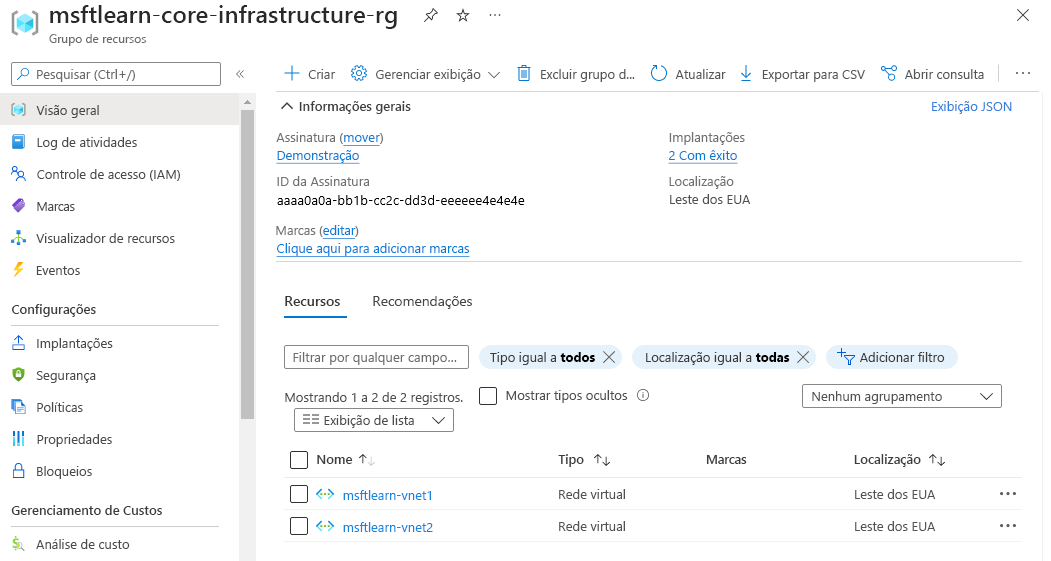 Captura de tela do portal do Azure mostrando a visão geral do grupo de recursos que contém dois recursos de rede virtual.