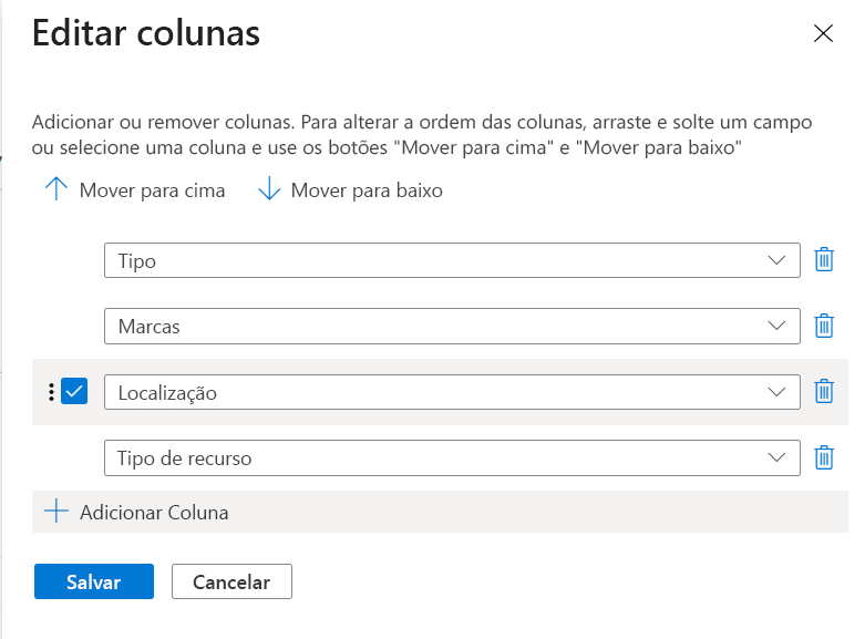 Captura de tela do portal do Azure mostrando a caixa de diálogo Editar colunas com as colunas disponíveis à esquerda e as colunas selecionadas à direita.