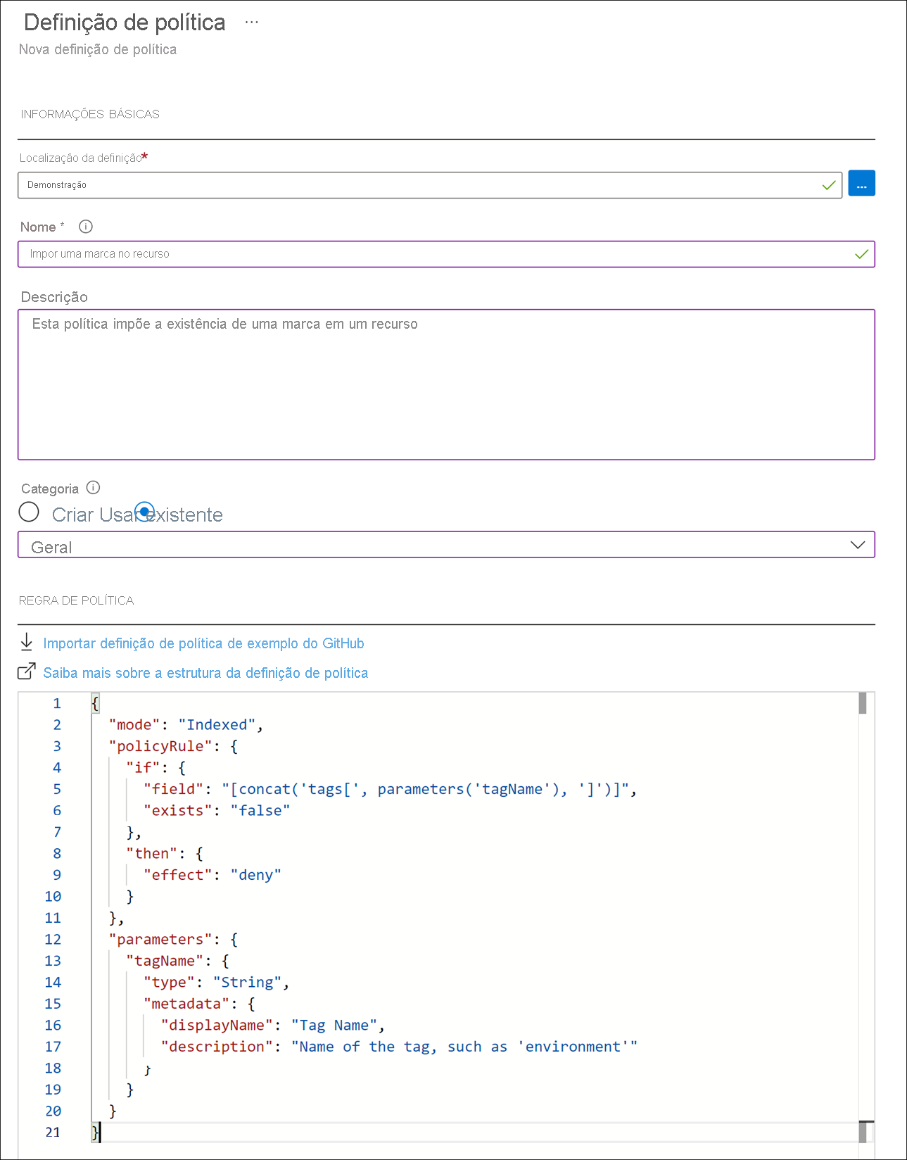 Captura de tela do portal do Azure mostrando a caixa de diálogo de definição da nova política.