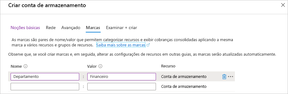 Captura de tela de portal do Azure mostrando uma nova marca de Departamento a ser adicionada durante a criação.