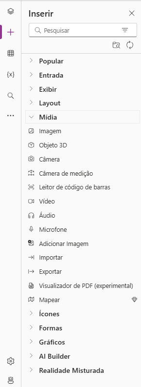 Captura de tela das opções do menu de mídia.