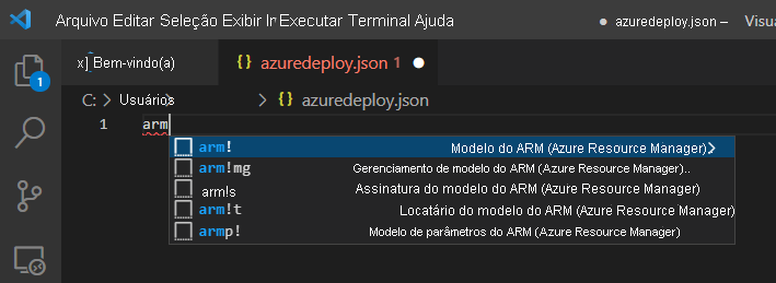 Arquivo azuredeploy.json do Visual Studio Code mostrando as opções de snippet para modelos do Azure Resource Manager.