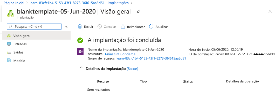 Interface do portal do Azure para a implantação específica sem recursos listados.