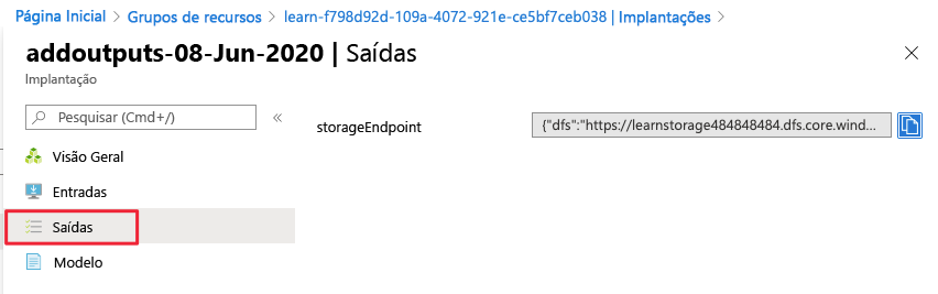 Captura de tela do portal do Azure mostrando a seleção de saída no menu esquerdo.