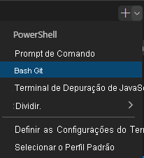 Captura de tela mostrando a janela do terminal do Visual Studio Code que mostra o menu suspenso do shell selecionado.