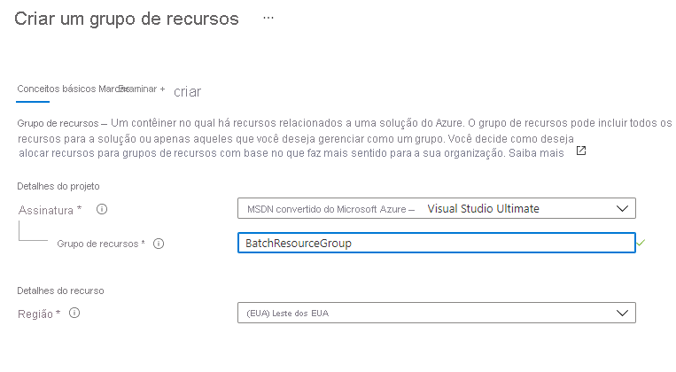 Captura de tela mostrando como criar um grupo de recursos no portal do Azure.