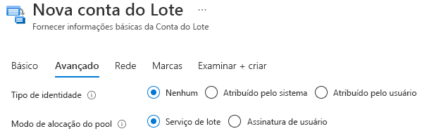 Uma captura de tela da seleção do modo de alocação do pool na guia Avançado ao criar uma conta do Lote no portal do Azure.