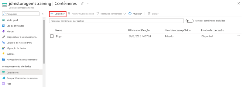 Captura de tela da página Contêineres no portal do Azure com o botão de criar contêiner realçado.