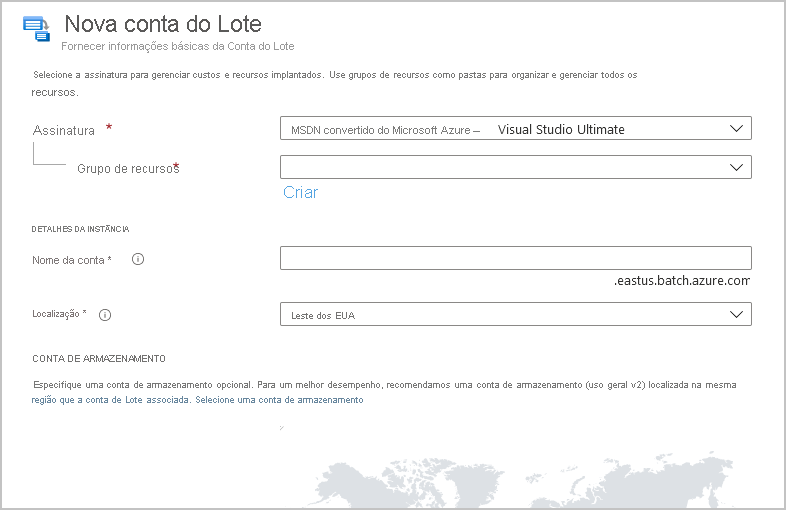 Uma captura de tela da página para criar uma nova conta do Lote no portal do Azure.