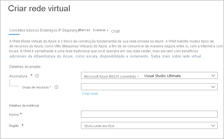 Uma captura de tela da página para criar uma rede virtual no portal do Azure.