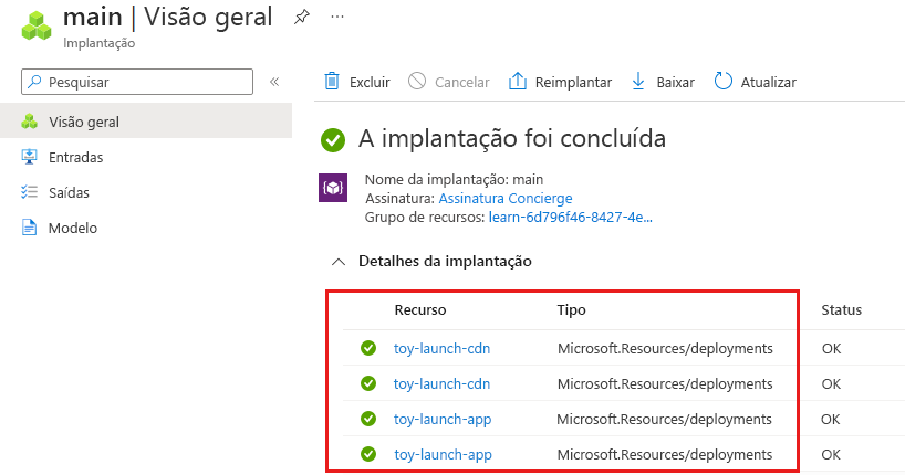 Captura de tela do portal do Azure que mostra os detalhes da implantação para a implantação principal.