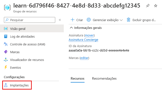 Captura de tela do portal do Azure que mostra o grupo de recursos, com o item de menu Implantações realçado.