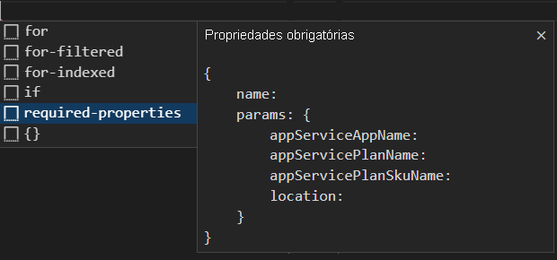 Captura de tela do Visual Studio Code que mostra a opção de fazer scaffold de um módulo com suas propriedades necessárias.