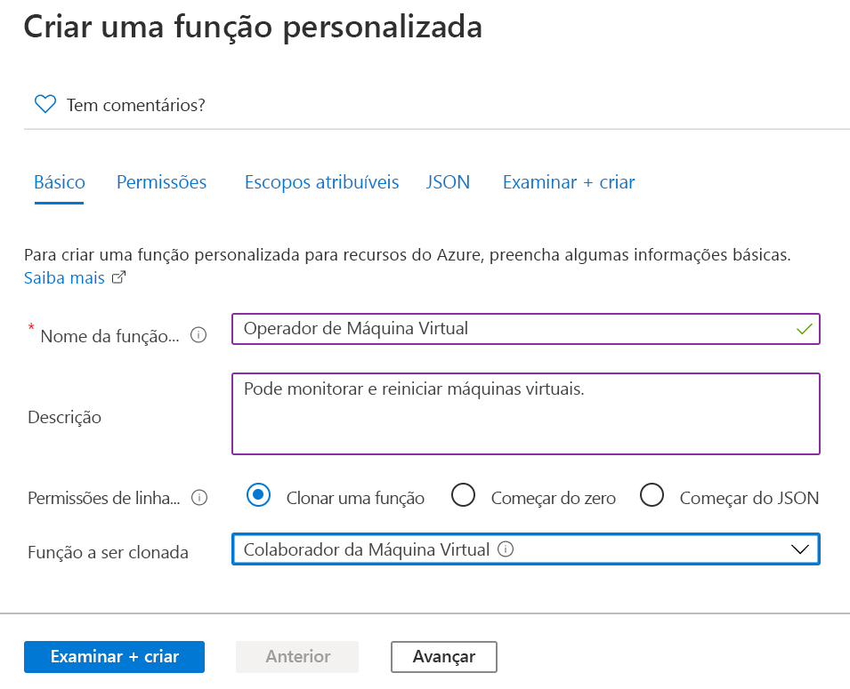 Captura de tela do botão de opção clonar função selecionado e o Colaborador da Máquina Virtual como a função a ser clonada.