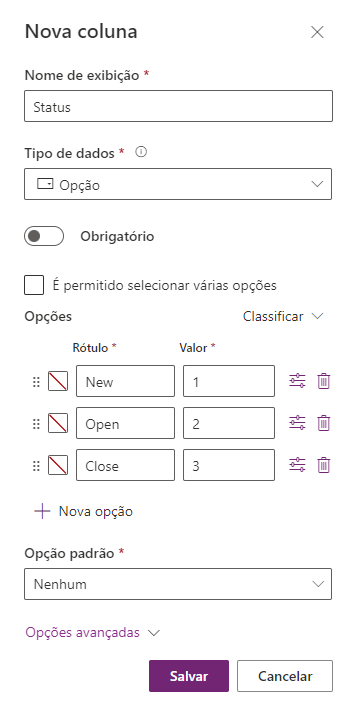 Captura de tela de colunas e opções de escolha.