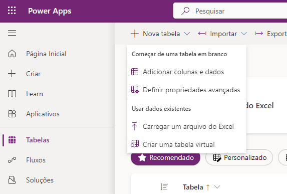 Captura de tela da criação de uma nova tabela no Dataverse.
