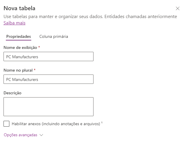 Captura de tela de valores da nova tabela com o botão Criar.