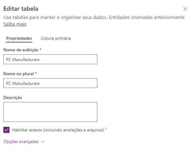 Captura de tela de Editar atributos da tabela com o botão Concluído.